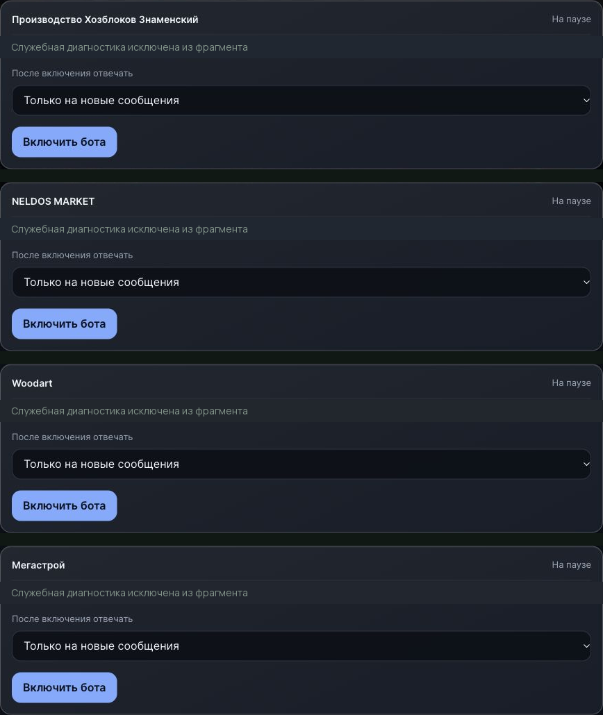 Фрагменты управления четырьмя аккаунтами WoodArt: все ответы приостановлены